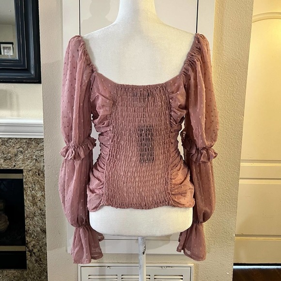 NWT Nasty Gal Plus Ruched Mesh Puff Sleeve Top Victorian Cottagecore Pink Sz 16 - Picture 7 of 9